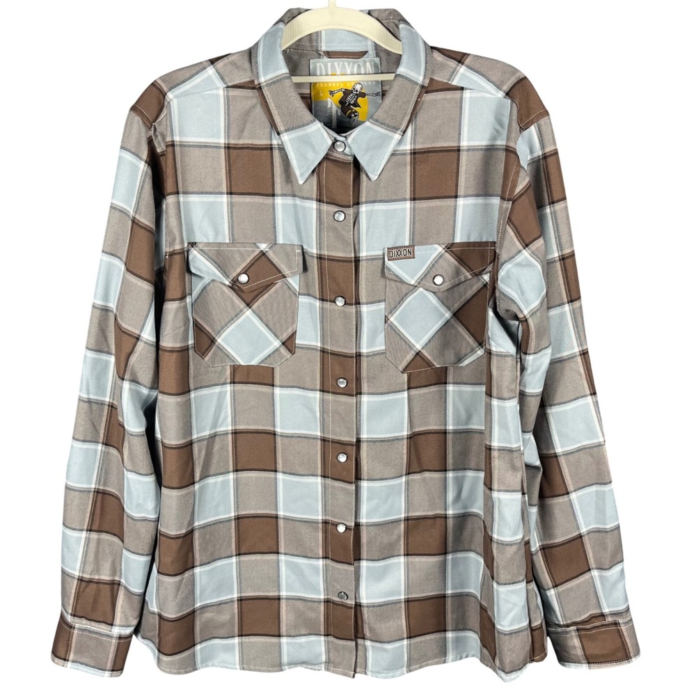 Dixxon Flannel Co 1st Street Shirt Womens L Brown Blue Plaid Snap D-Tech Blend